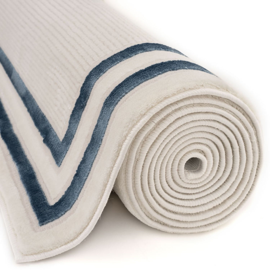 Bordered Living Room rug, blue-cream colours, stain-resistant and non-shedding
