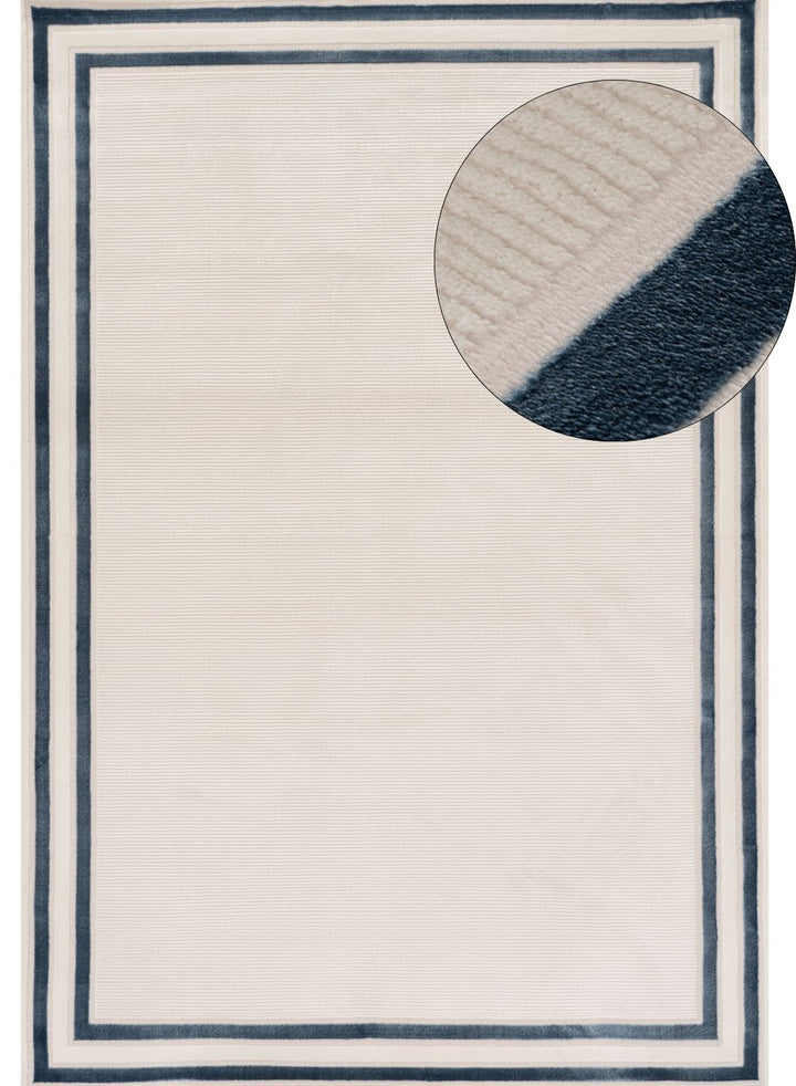 Bordered Living Room rug, blue-cream colours, stain-resistant and non-shedding