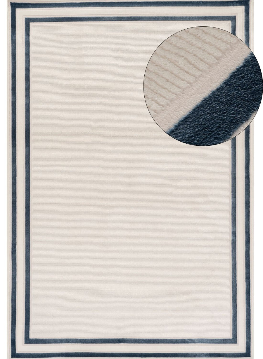 Bordered Living Room rug, blue-cream colours, stain-resistant and non-shedding