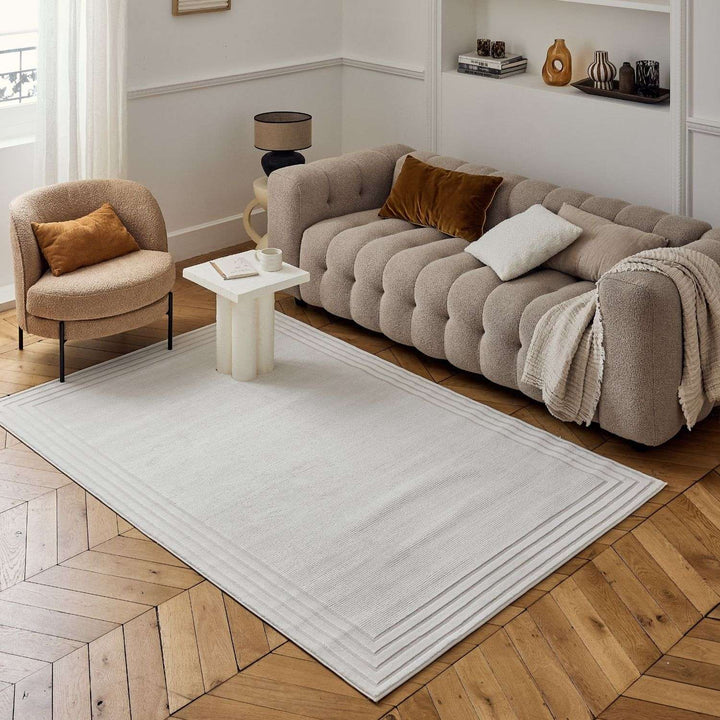 Bordered Living Room rug, cream colour, stain-resistant and non-shedding