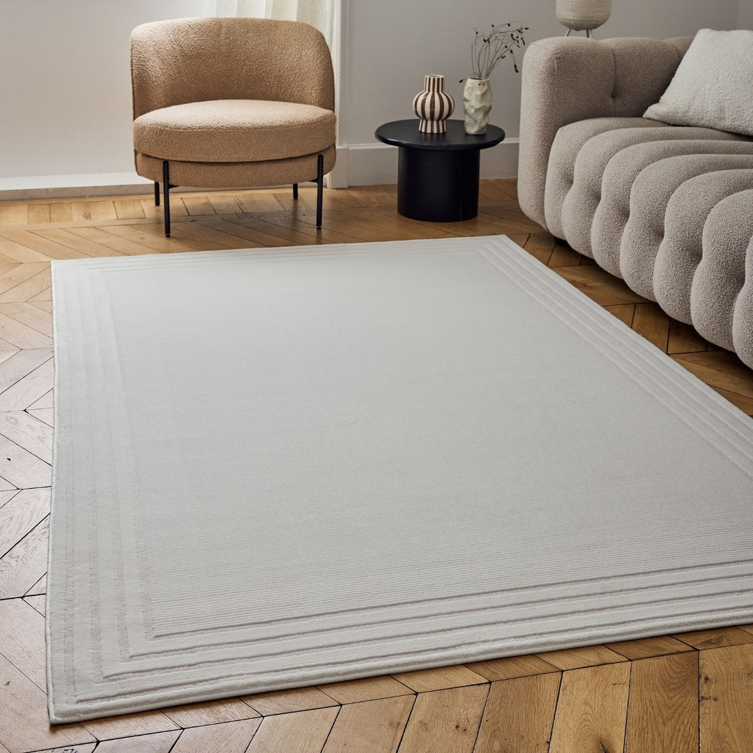 Bordered Living Room rug, cream colour, stain-resistant and non-shedding