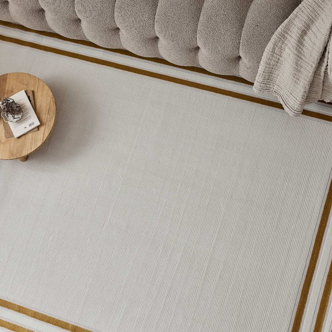 Bordered Living Room rug, gold-cream colours, stain-resistant and non-shedding