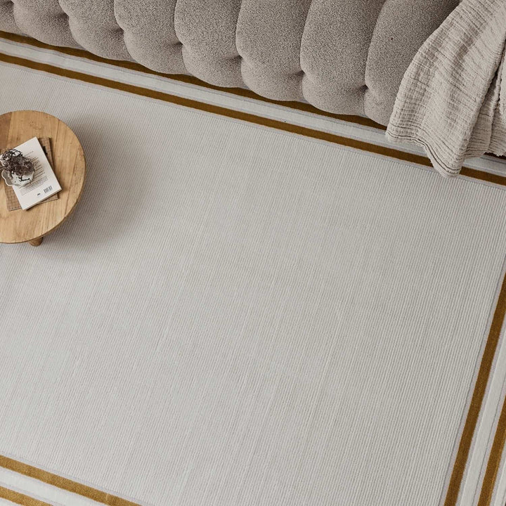 Bordered Living Room rug, gold-cream colours, stain-resistant and non-shedding