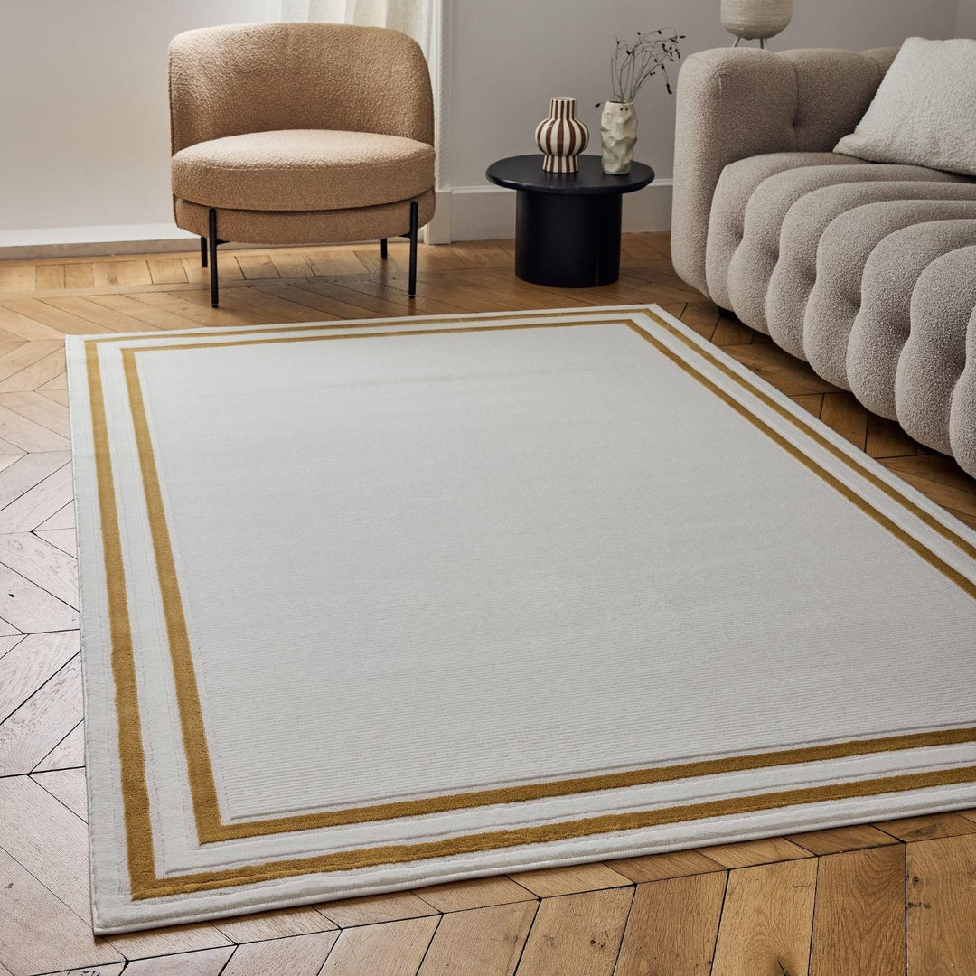 Bordered Living Room rug, gold-cream colours, stain-resistant and non-shedding