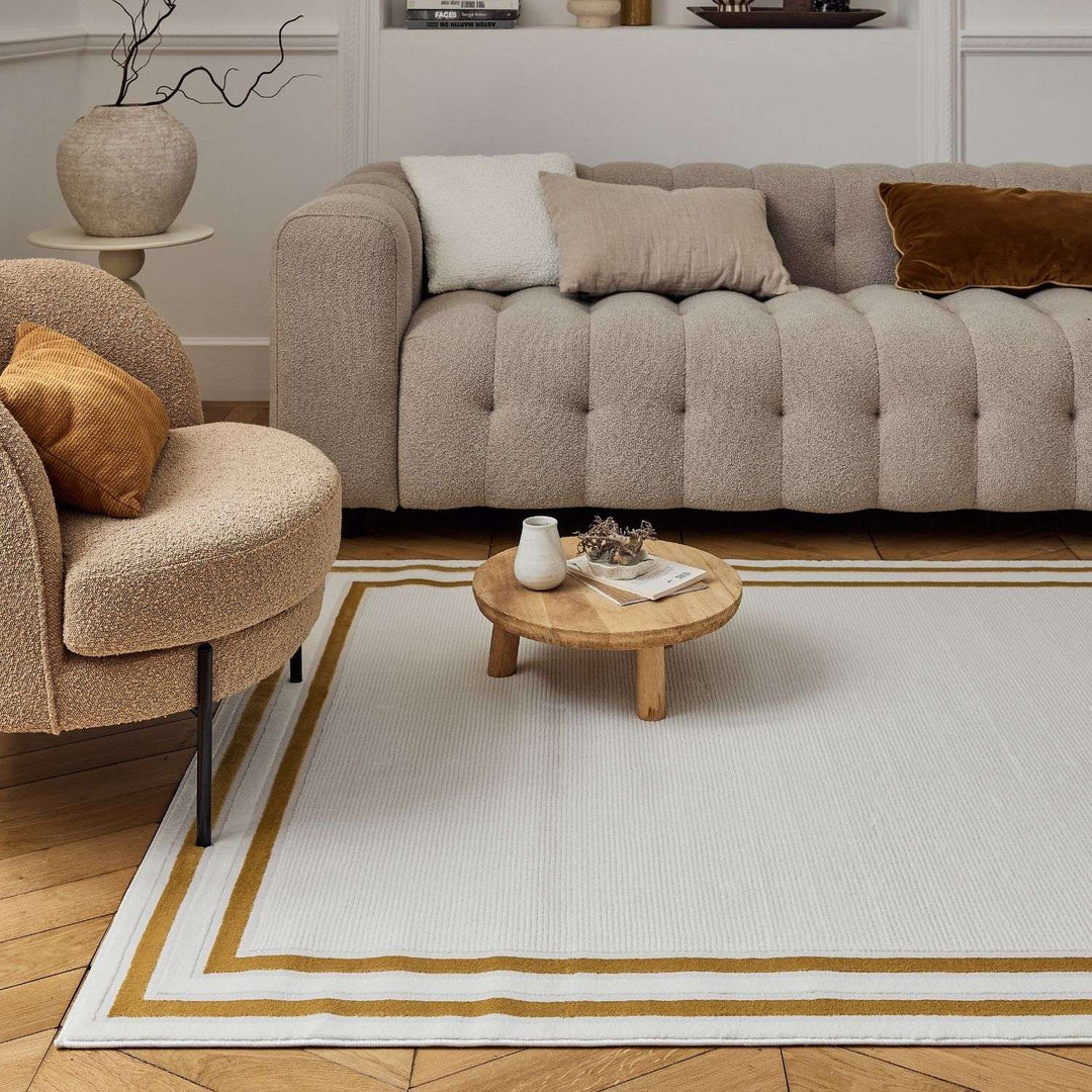 Bordered Living Room rug, gold-cream colours, stain-resistant and non-shedding