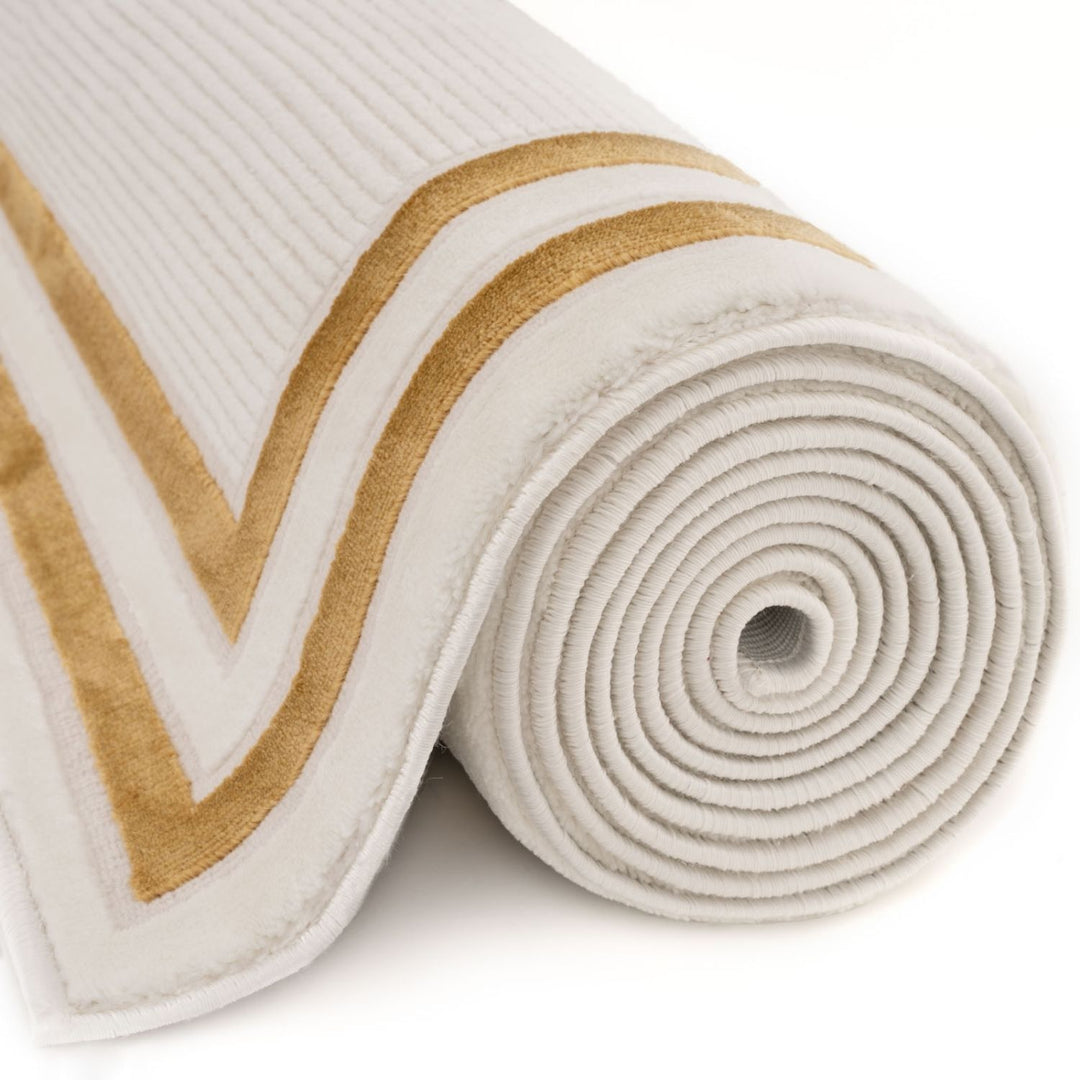 Bordered Living Room rug, gold-cream colours, stain-resistant and non-shedding
