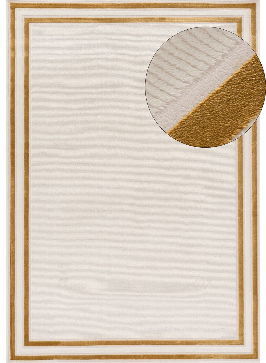 Bordered Living Room rug, gold-cream colours, stain-resistant and non-shedding