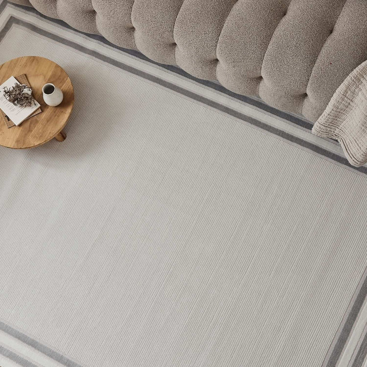 Bordered Living Room rug, grey-cream colours, stain-resistant and non-shedding