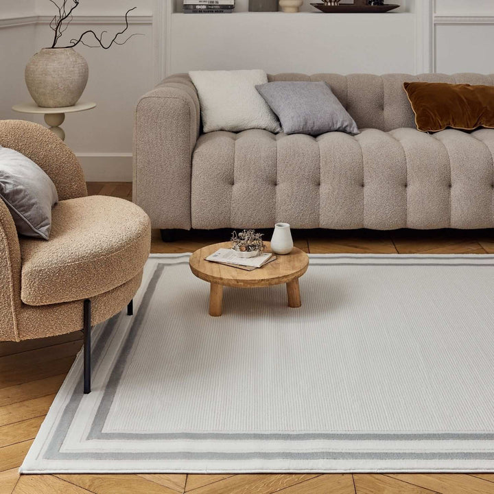 Bordered Living Room rug, grey-cream colours, stain-resistant and non-shedding