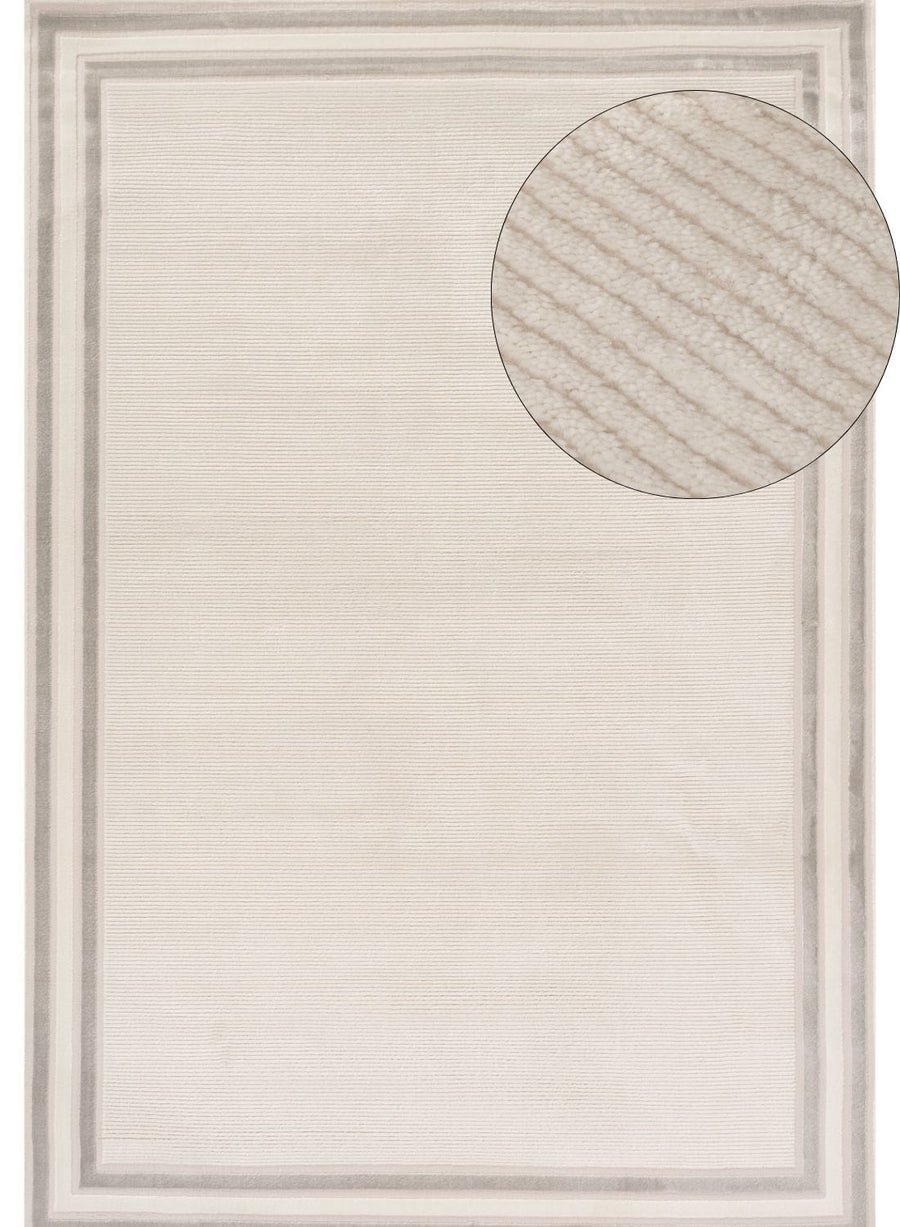 Bordered Living Room rug, grey-cream colours, stain-resistant and non-shedding