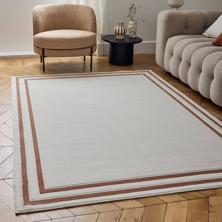 Bordered Living Room rug, terra-cream colours, stain-resistant and non-shedding