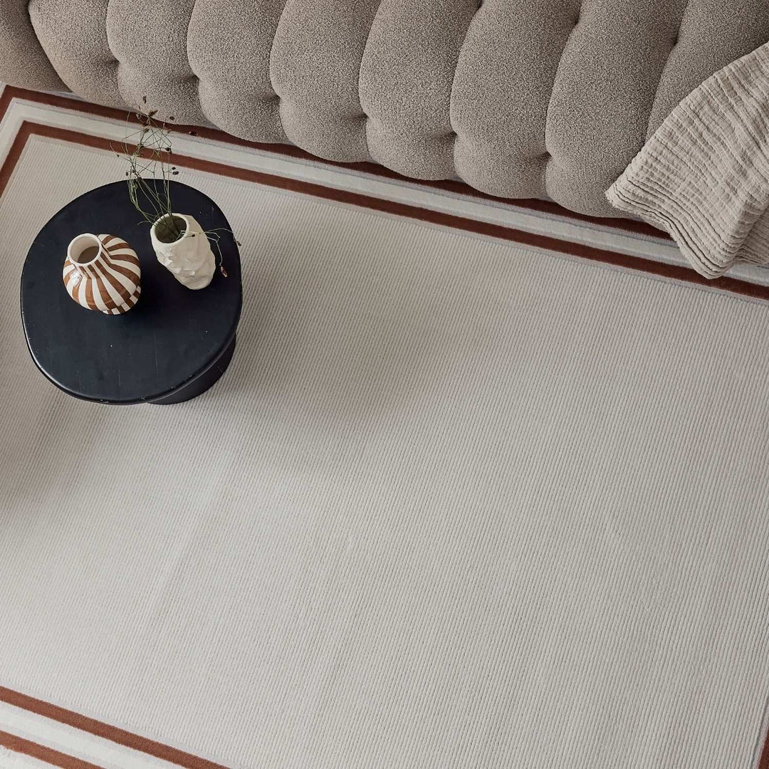 Bordered Living Room rug, terra-cream colours, stain-resistant and non-shedding