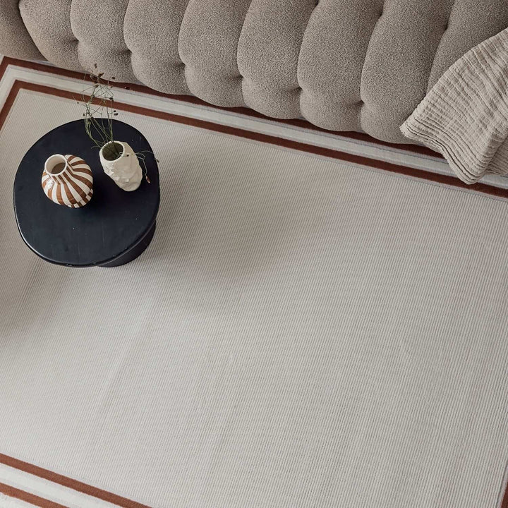 Bordered Living Room rug, terra-cream colours, stain-resistant and non-shedding
