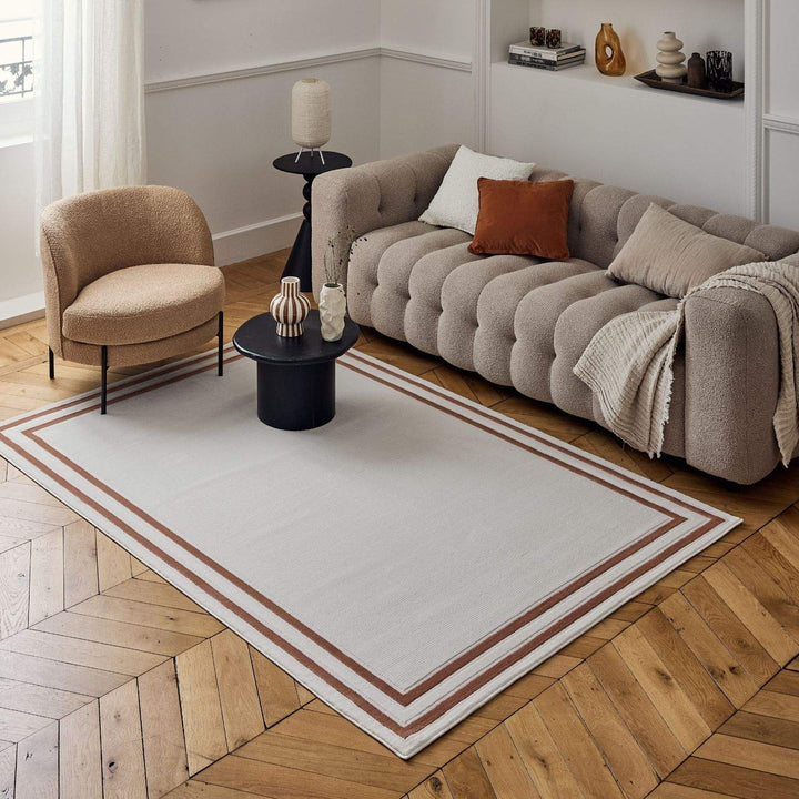 Bordered Living Room rug, terra-cream colours, stain-resistant and non-shedding