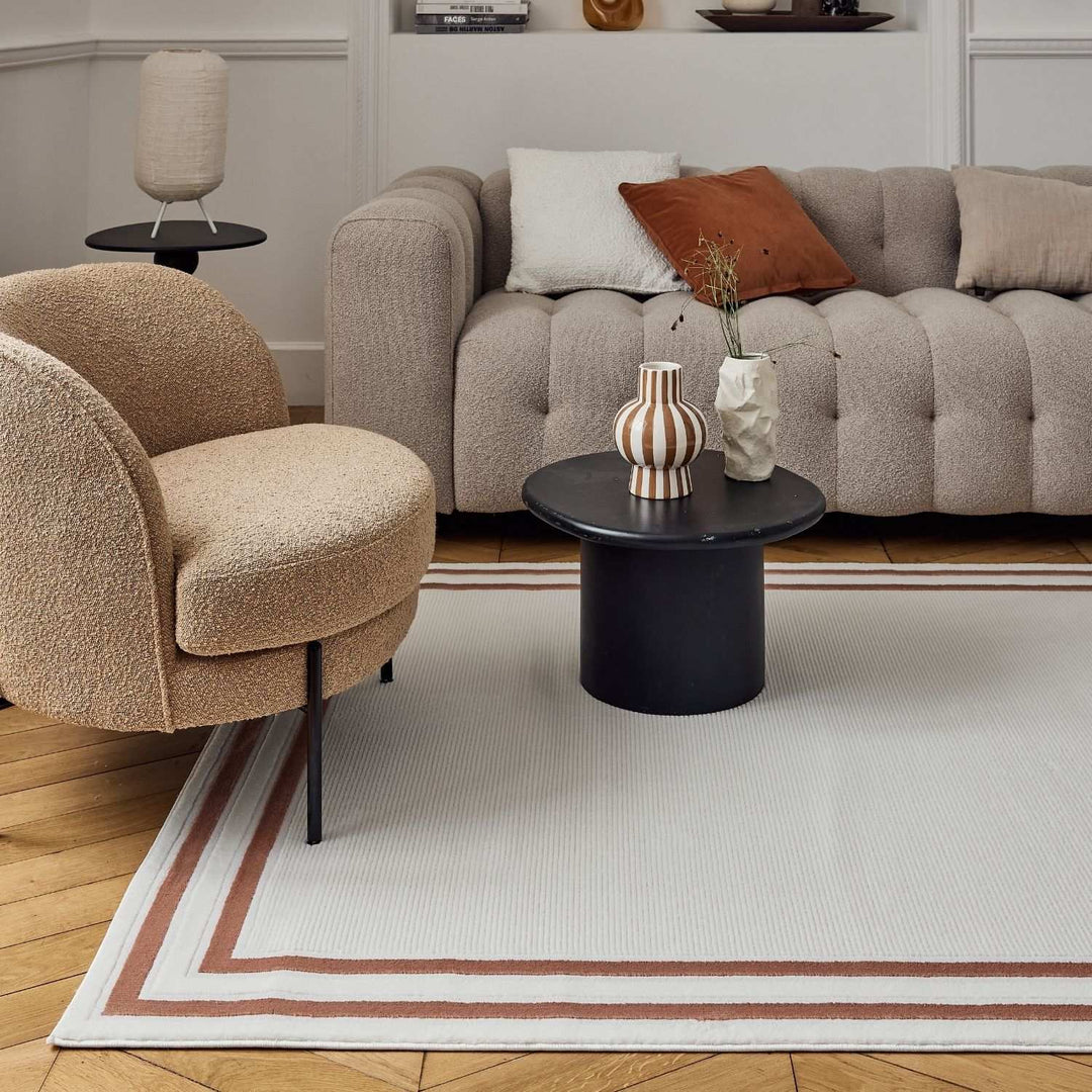 Bordered Living Room rug, terra-cream colours, stain-resistant and non-shedding