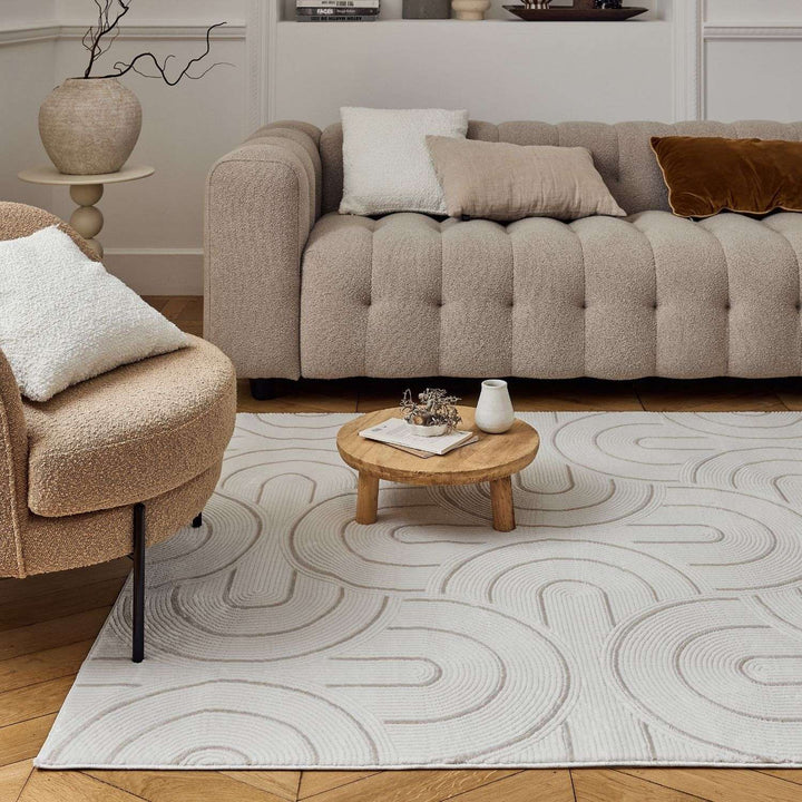 Living Room rug, beige-cream colours, geometric, practicality in mind, the rug is anti-allergic.