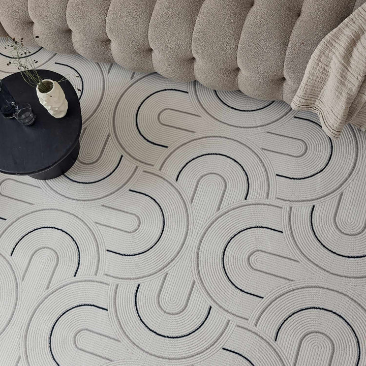 Living Room rug, blue-cream colours, geometric, practicality in mind, the rug is anti-allergic.