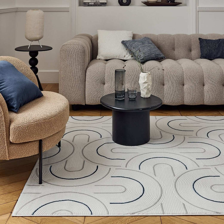 Living Room rug, blue-cream colours, geometric, practicality in mind, the rug is anti-allergic.
