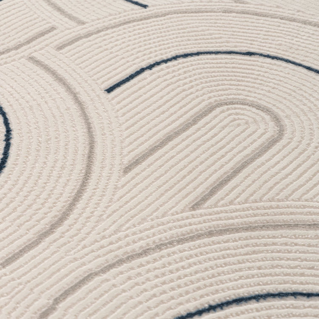 Living Room rug, blue-cream colours, geometric, practicality in mind, the rug is anti-allergic.