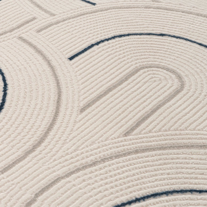 Living Room rug, blue-cream colours, geometric, practicality in mind, the rug is anti-allergic.