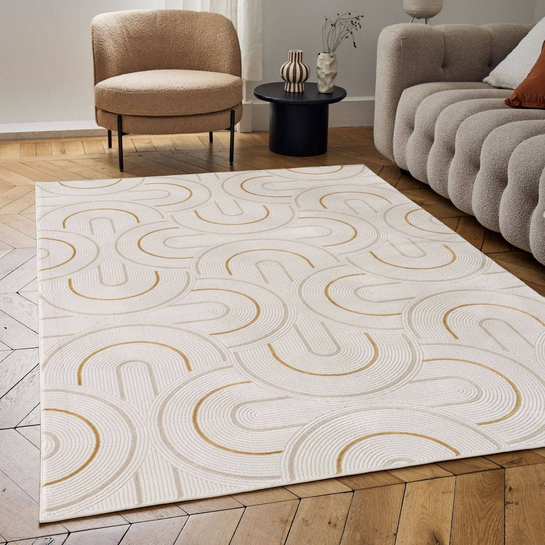 Living Room rug, gold-cream colours, geometric, practicality in mind, the rug is anti-allergic.