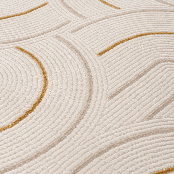 Living Room rug, gold-cream colours, geometric, practicality in mind, the rug is anti-allergic.
