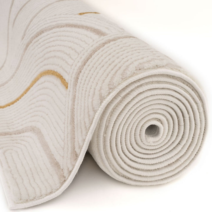 Living Room rug, gold-cream colours, geometric, practicality in mind, the rug is anti-allergic.