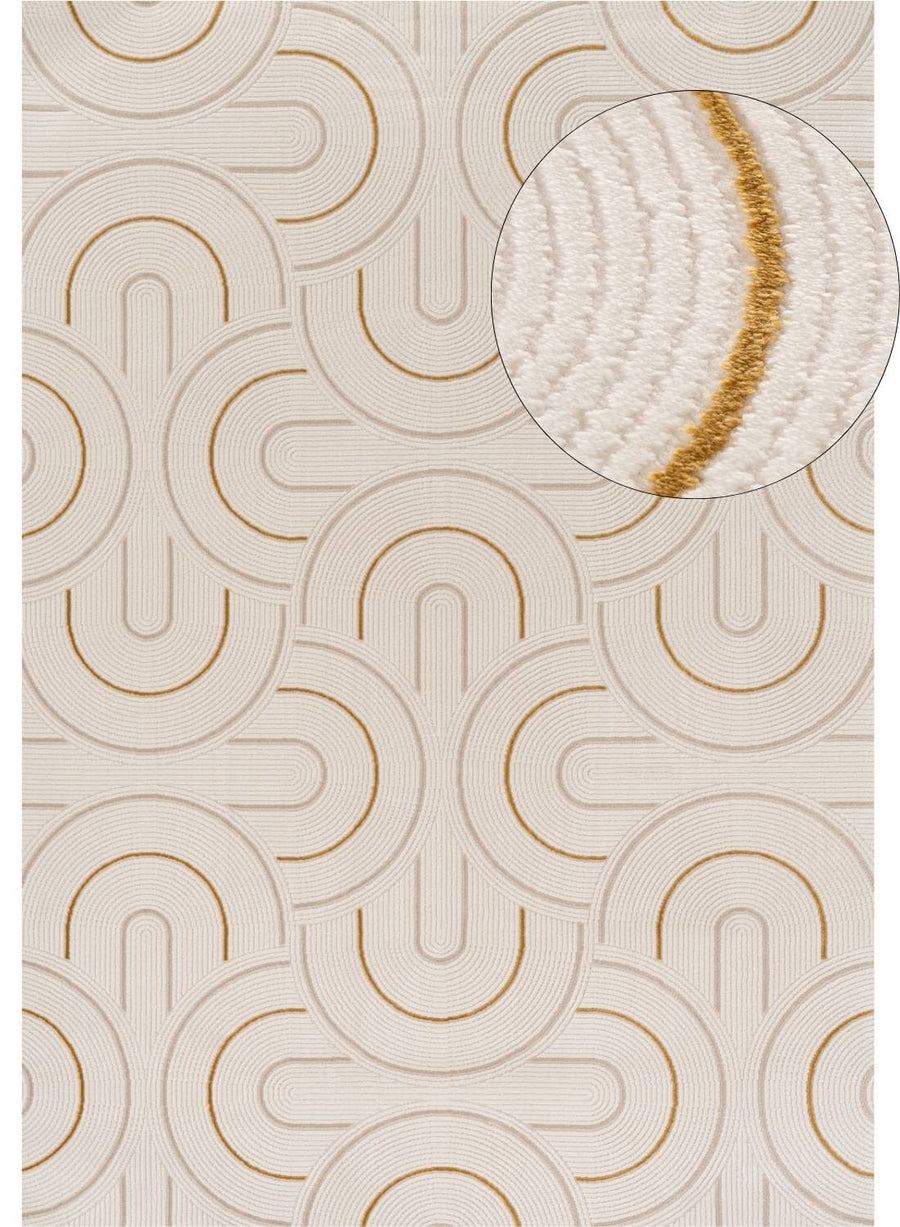 Living Room rug, gold-cream colours, geometric, practicality in mind, the rug is anti-allergic.