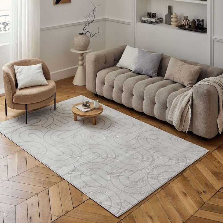 Living Room rug, grey-cream colours, geometric, practicality in mind, the rug is anti-allergic.
