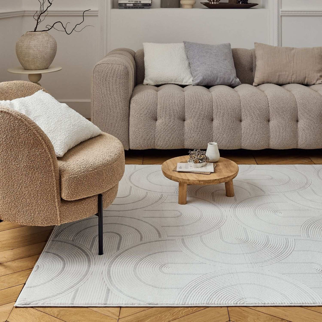 Living Room rug, grey-cream colours, geometric, practicality in mind, the rug is anti-allergic.