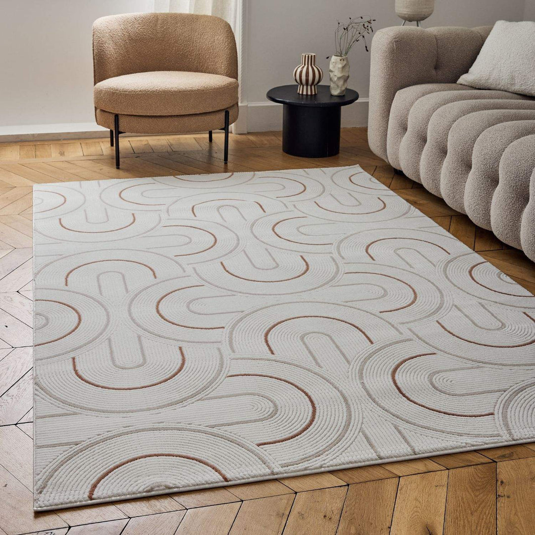 Living Room rug, terra-cream colours, geometric, practicality in mind, the rug is anti-allergic.