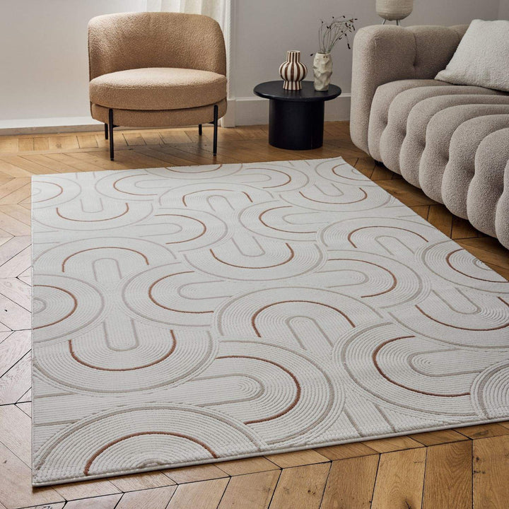 Living Room rug, terra-cream colours, geometric, practicality in mind, the rug is anti-allergic.
