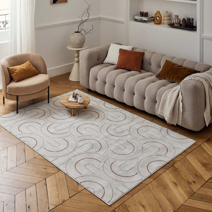 Living Room rug, terra-cream colours, geometric, practicality in mind, the rug is anti-allergic.