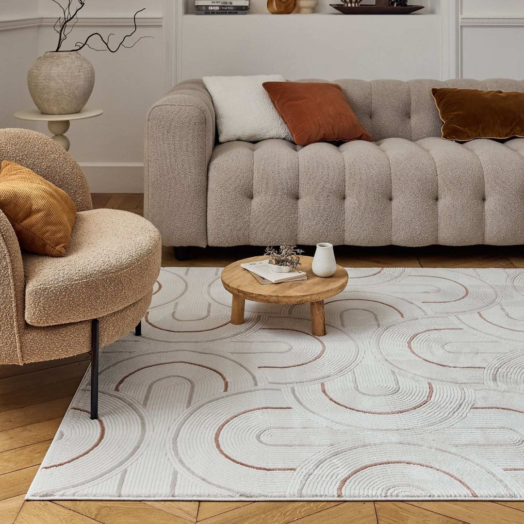Living Room rug, terra-cream colours, geometric, practicality in mind, the rug is anti-allergic.