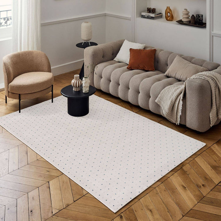 Living Room rug, blue-cream colours, dots, practicality in mind, the rug is anti-allergic.
