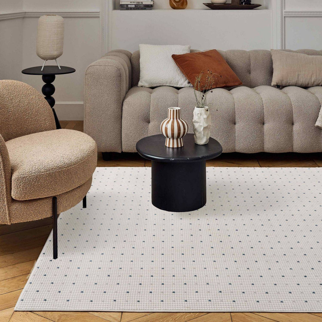 Living Room rug, blue-cream colours, dots, practicality in mind, the rug is anti-allergic.
