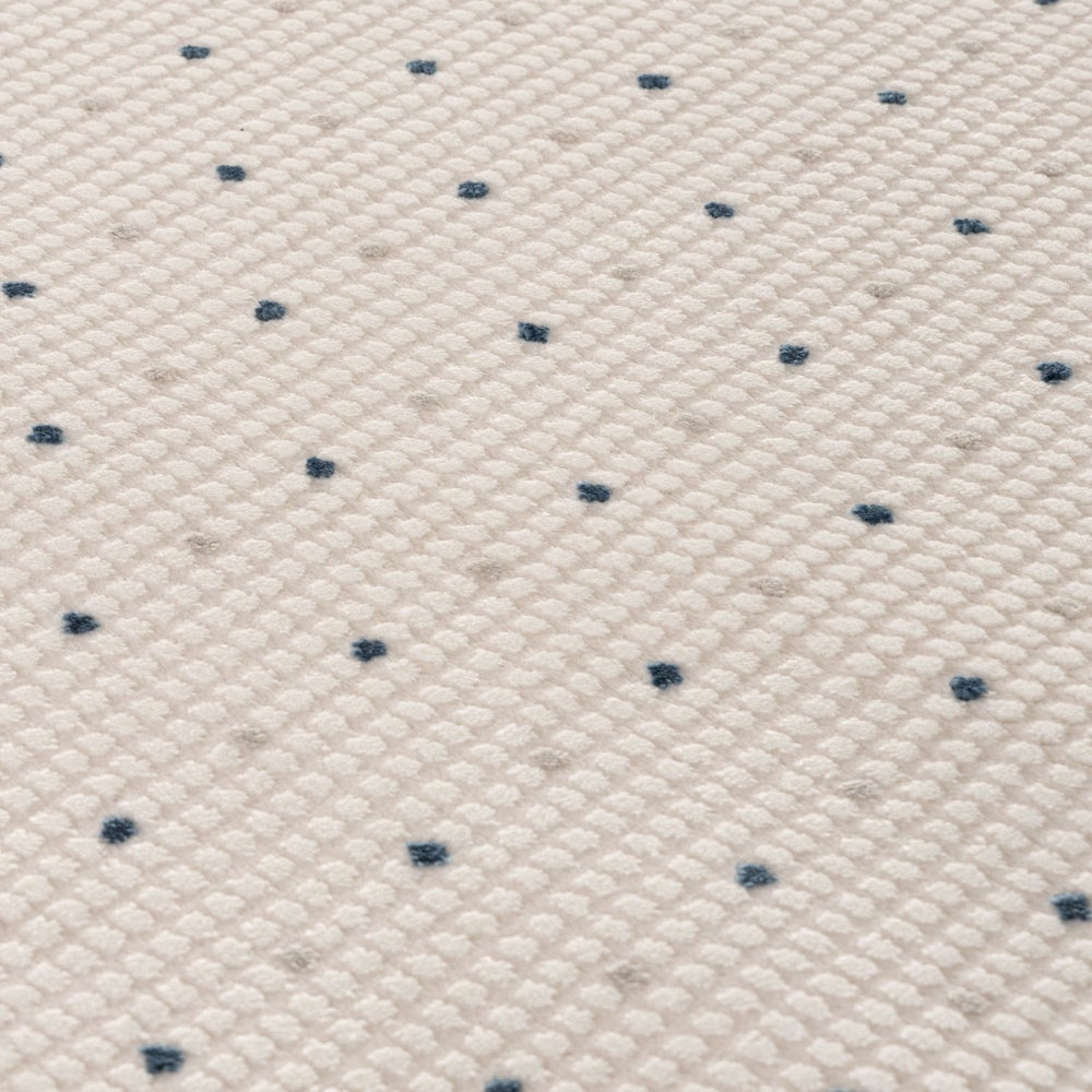Living Room rug, blue-cream colours, dots, practicality in mind, the rug is anti-allergic.