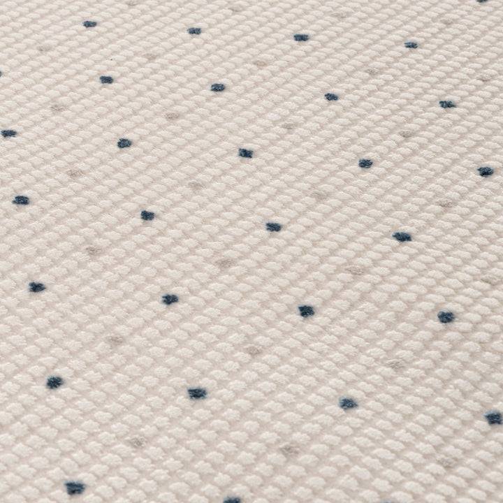 Living Room rug, blue-cream colours, dots, practicality in mind, the rug is anti-allergic.