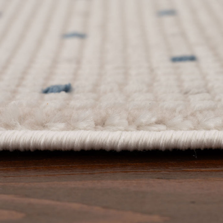 Living Room rug, blue-cream colours, dots, practicality in mind, the rug is anti-allergic.
