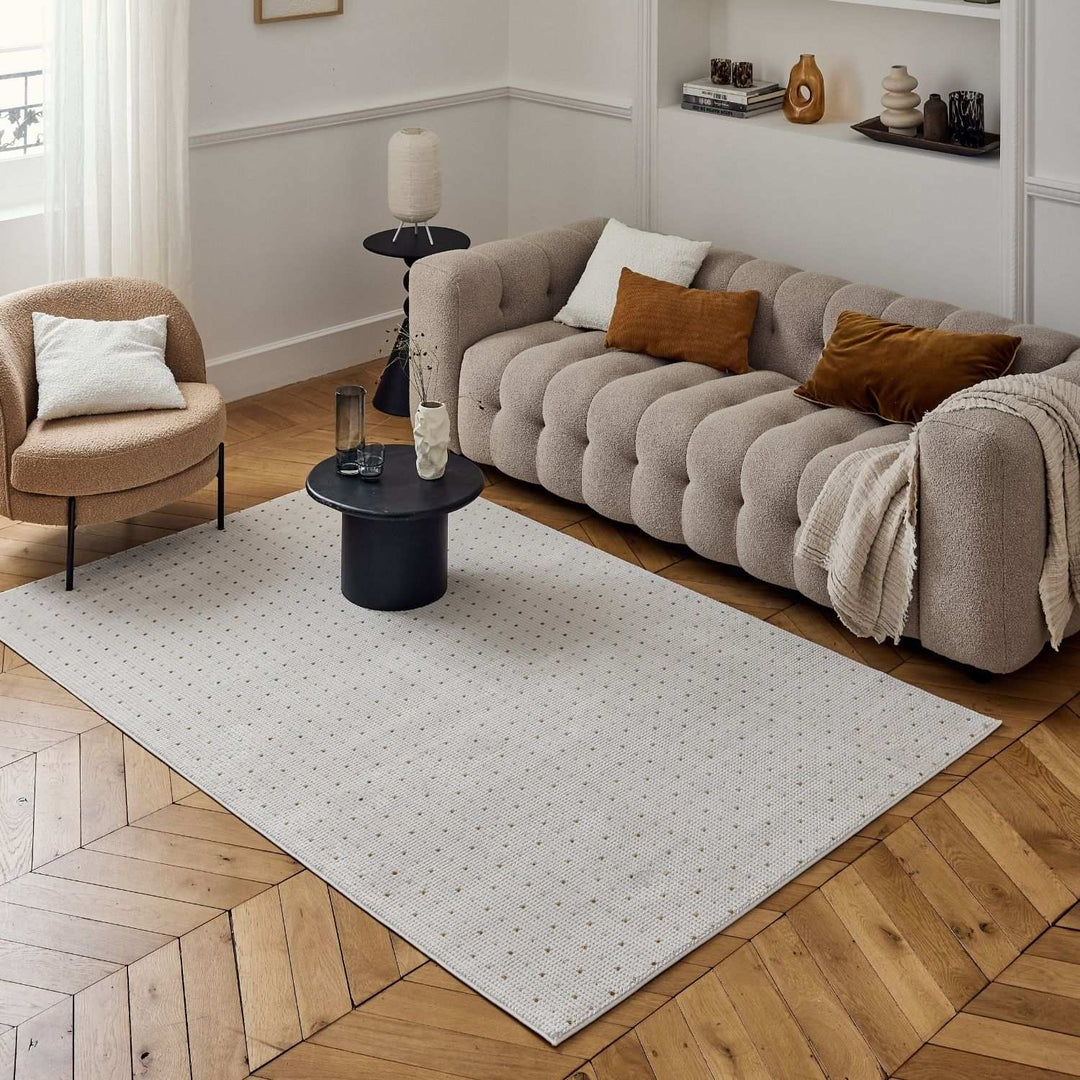 Living Room Rug, gold-cream colors, durability and underfoot comfort.