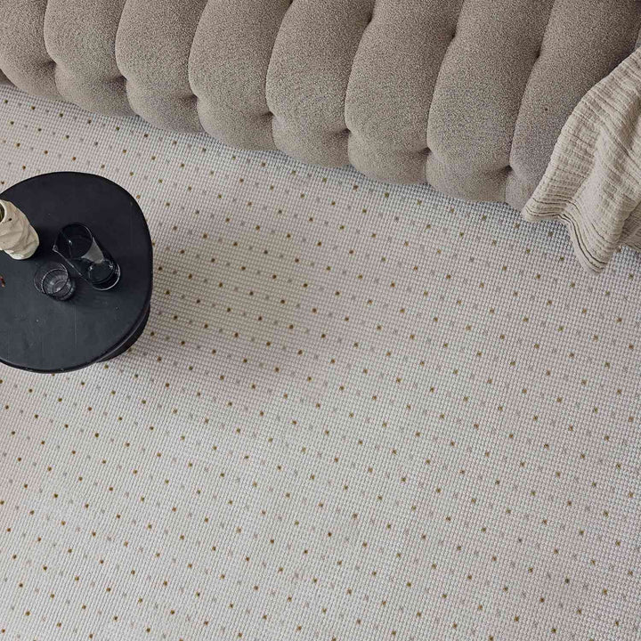 Living Room Rug, gold-cream colors, durability and underfoot comfort.