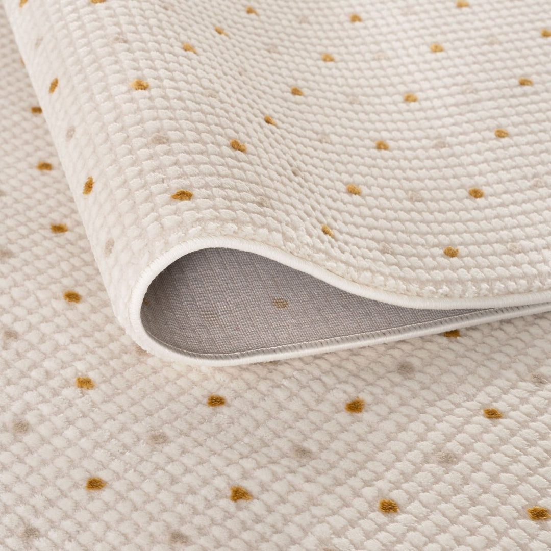 Living Room Rug, gold-cream colors, durability and underfoot comfort.