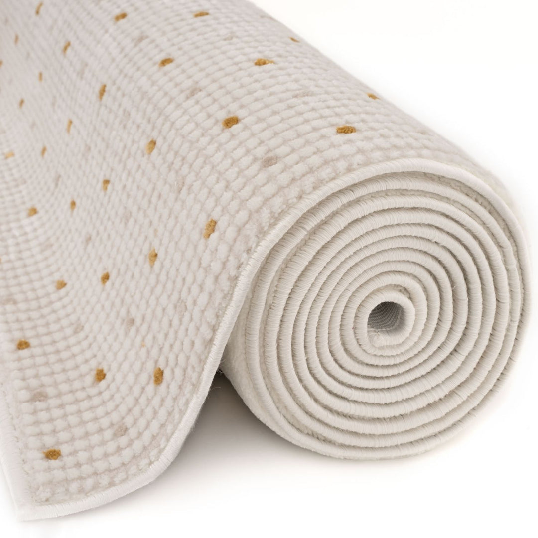 Living Room Rug, gold-cream colors, durability and underfoot comfort.