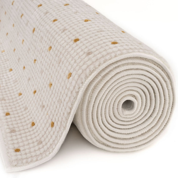 Living Room Rug, gold-cream colors, durability and underfoot comfort.