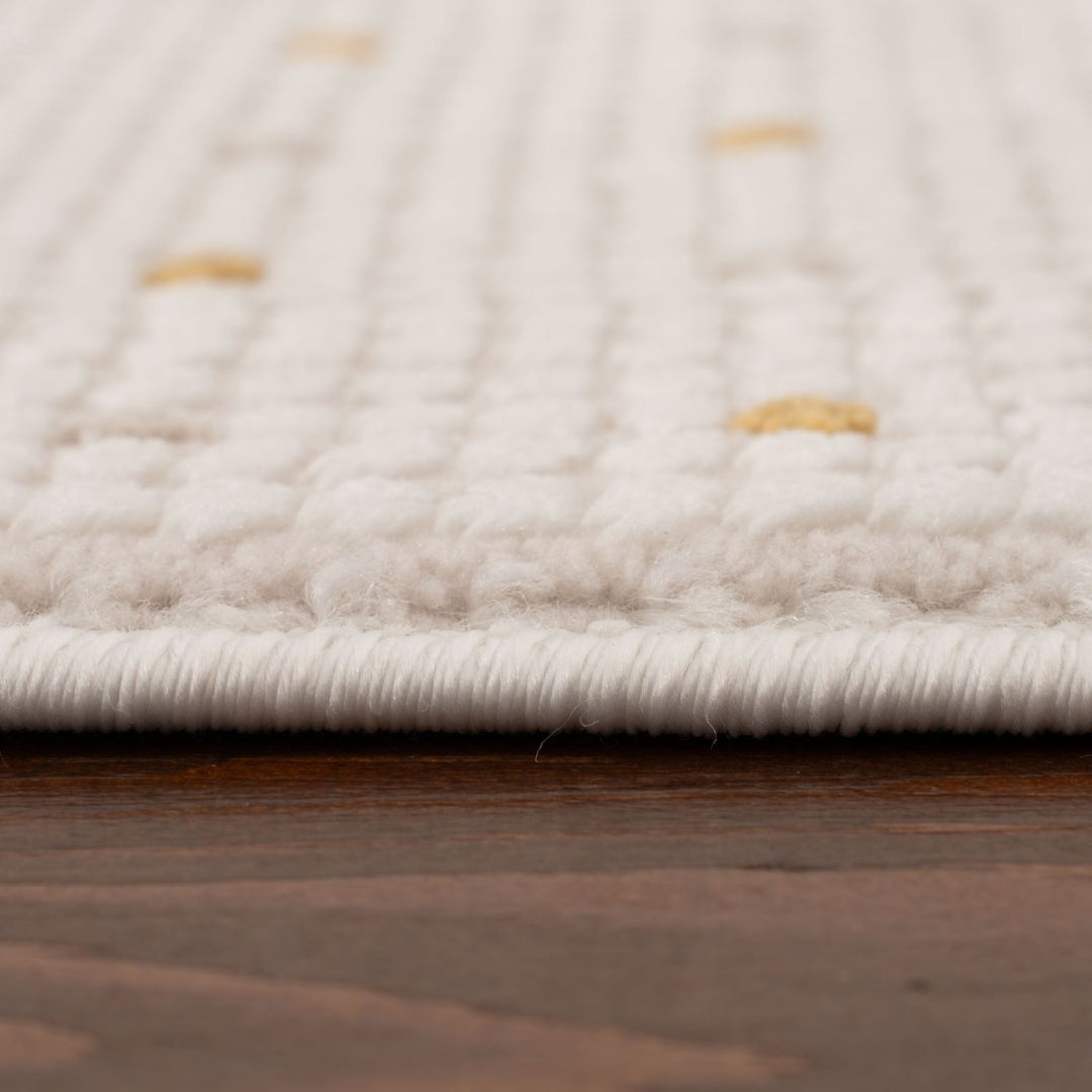 Living Room Rug, gold-cream colors, durability and underfoot comfort.