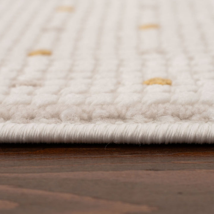 Living Room Rug, gold-cream colors, durability and underfoot comfort.