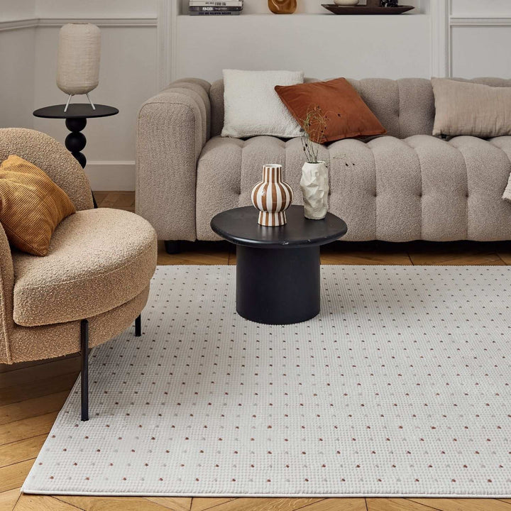 Living Room rug, dots, practicality in mind, the rug is anti-allergic.