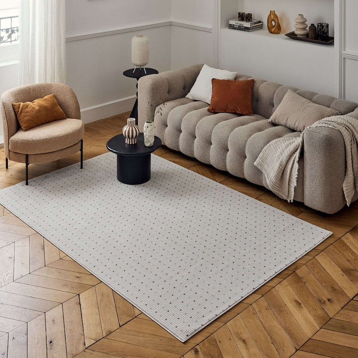 Living Room rug, dots, practicality in mind, the rug is anti-allergic.