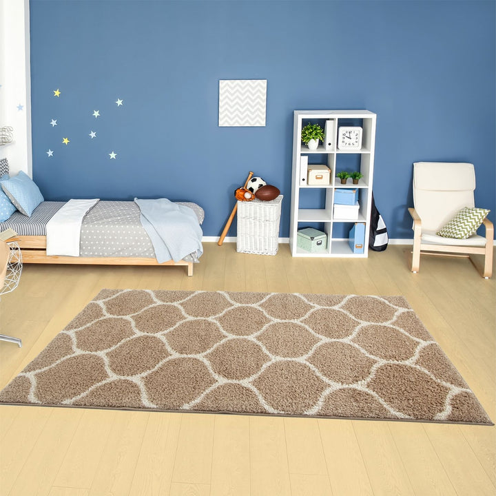 Trellis Design Thick Shaggy Area Rugs Beige