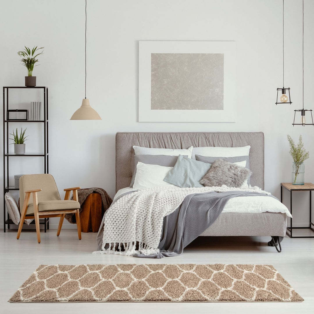 Trellis Design Thick Shaggy Area Rugs Beige